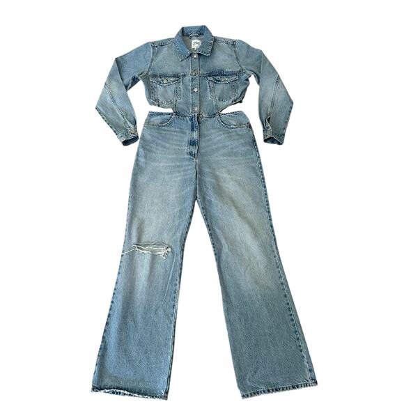 Zara Women Blue Full Length Wide Leg Denim Jumpsuit With Side Cut-Outs Size XL - Picture 8 of 9